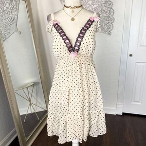 Enchanted Cutesy White Black Pink Polkadot Lace Bow Lingerie Slip Dress 2XL XXL